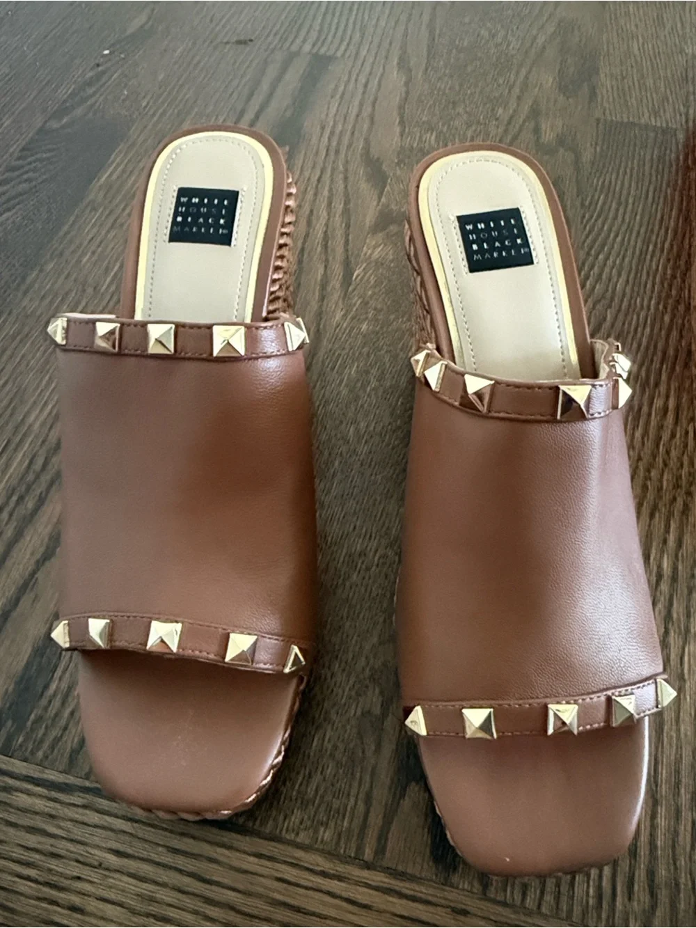 White House Black Market Brown Wedge Slide Sandals with Gold Studs